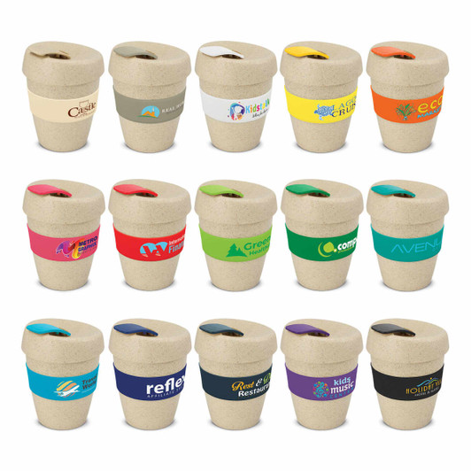A drink bottle in various earthy tones, featuring a lid and multiple designs with logos. The cups are 350ml.