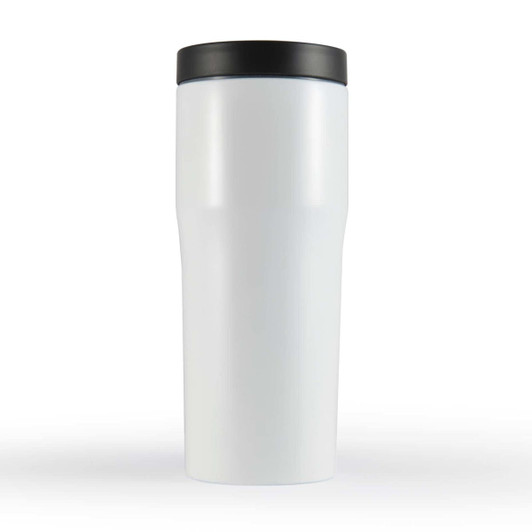 A drink bottle designed for travel, featuring a sleek white body and a black lid.