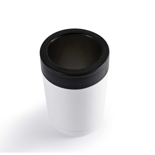 A drink cooler made of stainless steel featuring a sleek white body and a black silicone lid.