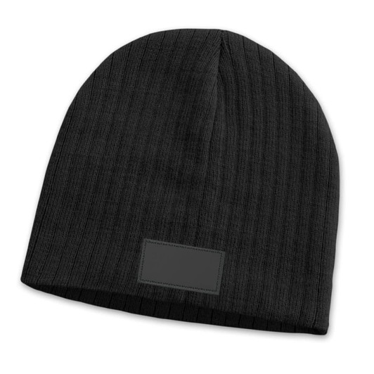 A black cable knit beanie with a patch, featuring a textured design.