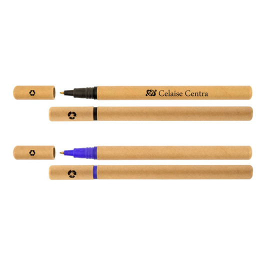 Three cardboard pens in varying colours, including black and blue, with matching caps and a logo present on one.