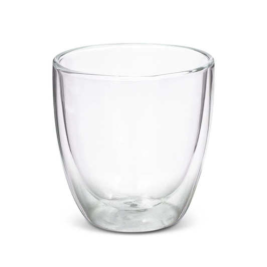 A double wall glass with a clear finish, featuring a rounded design. Includes a logo on the surface.