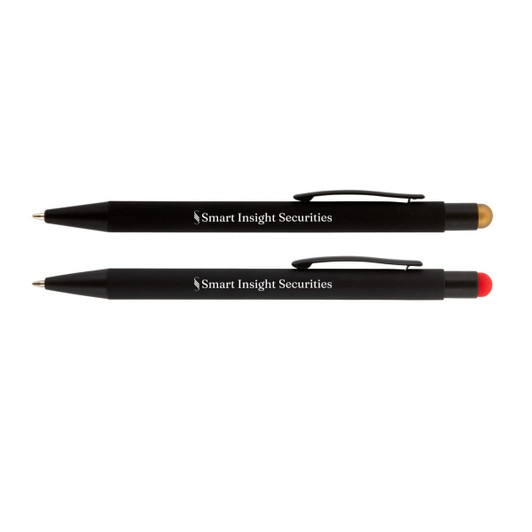 A collection of two black stylus pens with one featuring a gold tip and the other featuring a red tip, both with branding.