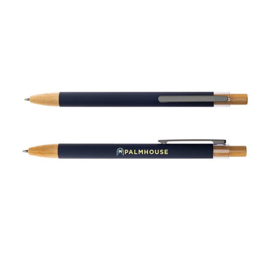 A metal pen featuring a navy body and wooden accents, with a clip and branding.