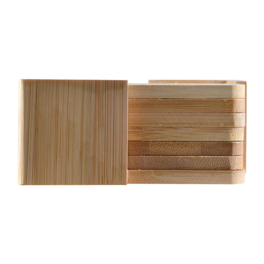 A set of six bamboo coasters in various shades of natural wood, neatly stacked with a visible logo on one coaster.