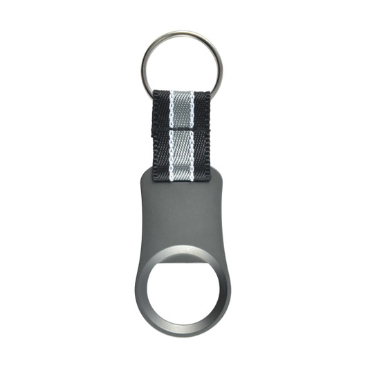 A drink bottle opener in matte grey with a black and white striped strap and a keyring attachment.