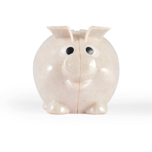 A cute, small pig-shaped eco-friendly coin bank with a smiling face and a rounded body, designed for saving money.