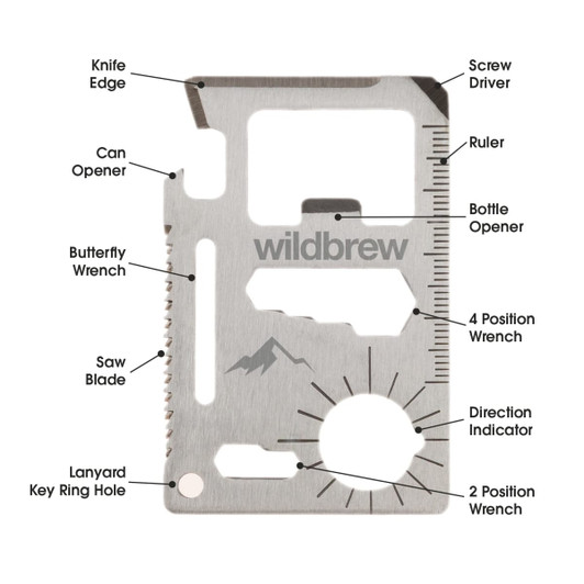 A metallic multi-tool featuring a knife edge, screwdriver, ruler, can opener, and bottle opener. It includes a lanyard hole and branding.