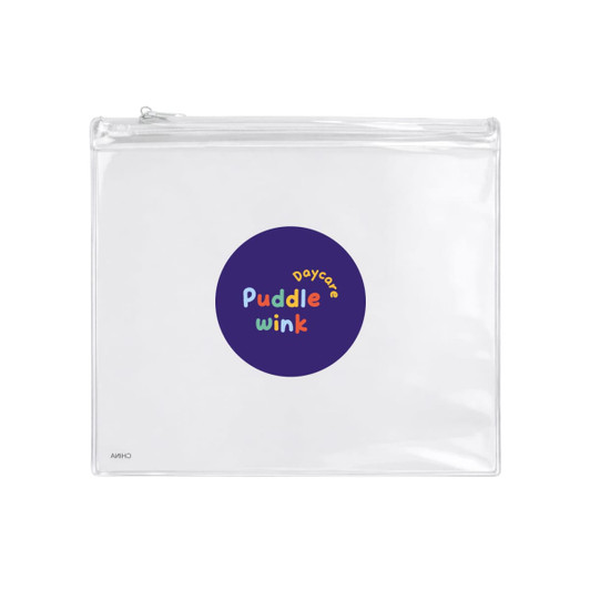 A clear pencil case with a circular logo in purple, featuring colourful text for "Puddle Winkle Daycare."
