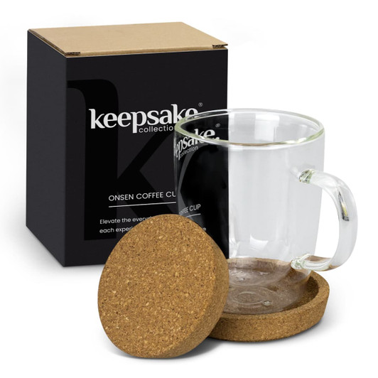 A coffee mug with a clear glass body, a handle, and a cork coaster, presented in a black box.