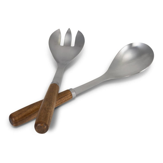 A pair of stainless steel salad servers with wooden handles, featuring a spoon and a fork design.