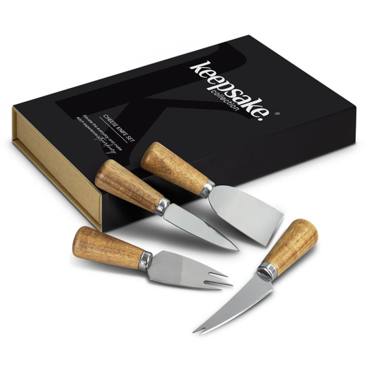 A cheese knife set with three stainless steel knives featuring wooden handles, presented in a black and gold box.