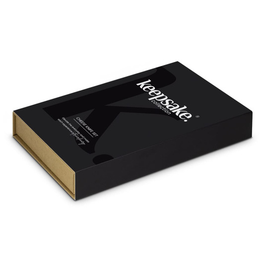 A black box containing a Keepsake Cheese Knife Set, featuring a simple design and a logo.