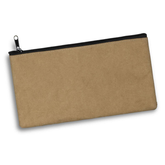 A kraft pencil case in a brown hue, featuring a black zip closure and a simple design.