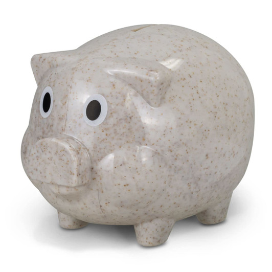 A piggy bank in a natural speckled finish, featuring two large eyes and a classic pig shape.