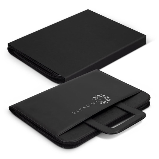 A black portfolio case with a handle, featuring a logo on the front and a flat cover.
