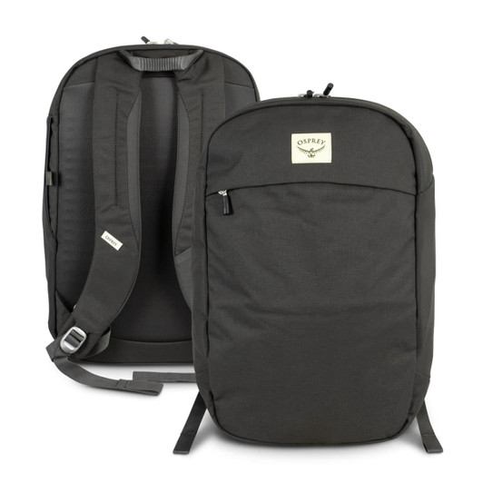 A dark green backpack with padded shoulder straps and a front zip pocket. It features a logo on the front.