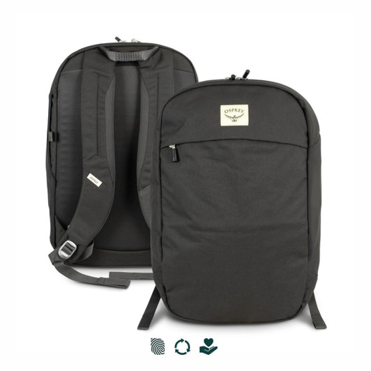 A black backpack with padded straps, featuring a logo and zippered compartments on the front and side.