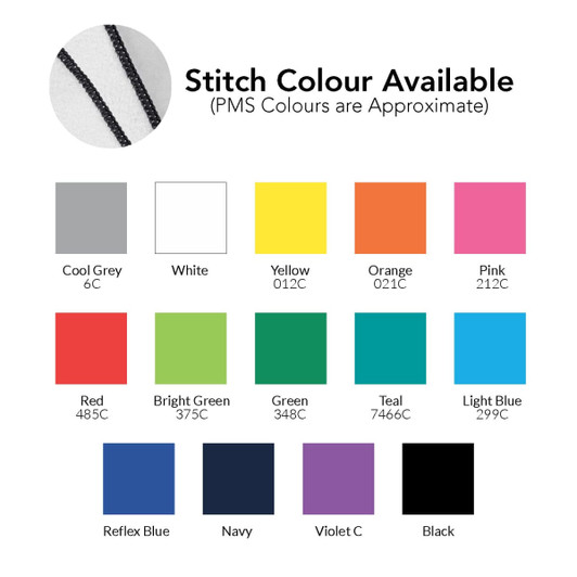 A colour chart displaying various stitch colours for a promotional product, including shades like Cool Grey, Pink, and Navy.