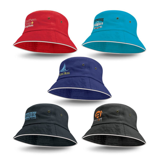 A collection of five bucket hats in various colours: red, blue, navy, black, and dark green, each featuring different logos.