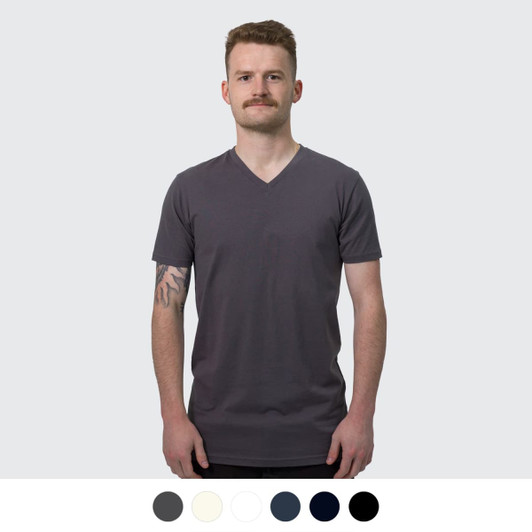 A man models a grey V-neck T-shirt, featuring short sleeves and a slim fit. The shirt includes a logo.