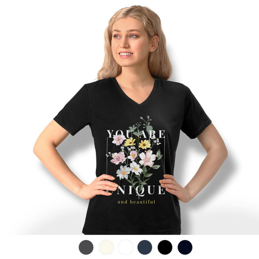 A black V-neck women's t-shirt featuring a floral design with the text "You are unique and beautiful." Includes a logo.