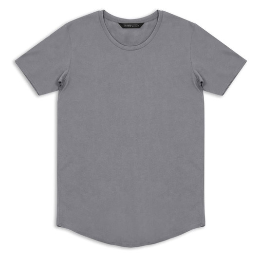 A grey men's t-shirt with a round neck and short sleeves, featuring a slight curved hem and a logo.