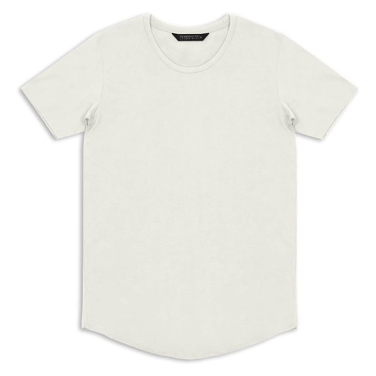 A plain white men's T-shirt with short sleeves and a rounded hem. Features a logo on the label.