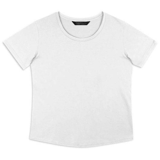 A white women's T-shirt with a round neckline and short sleeves, featuring a logo on the label.