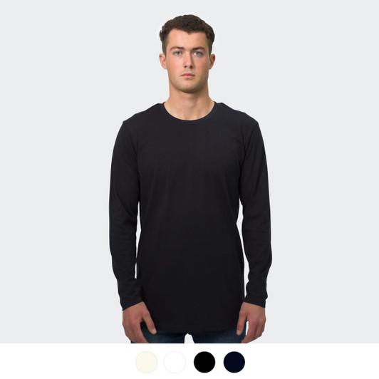 A model wearing a black long sleeve crew shirt. The product is available in multiple colours.