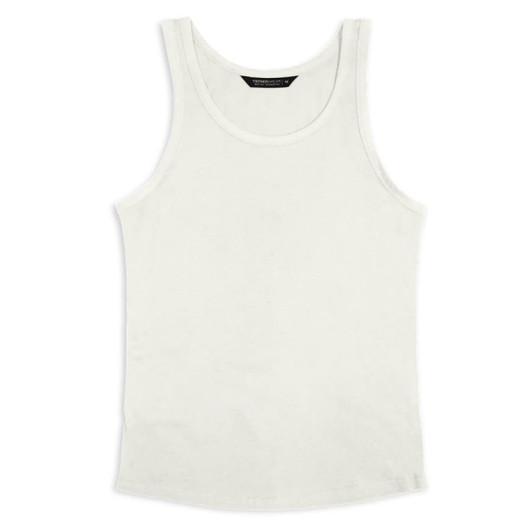 A white women's tank top with a classic singlet design; features a logo on the label.