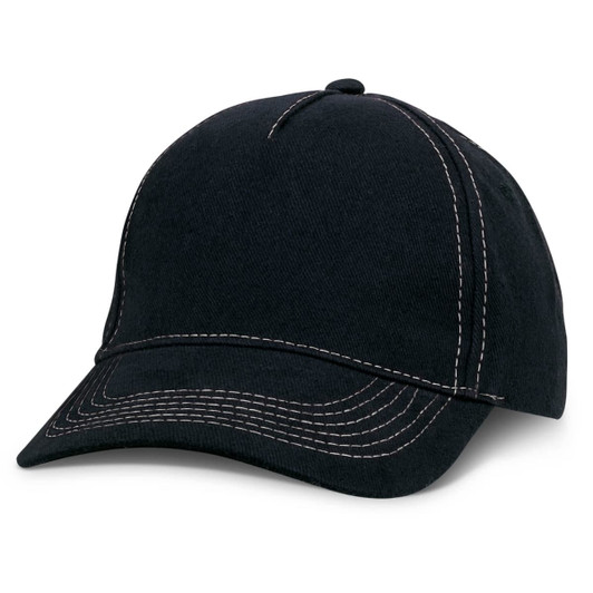 A black cap with white stitching and a curved visor, featuring a logo on the front.