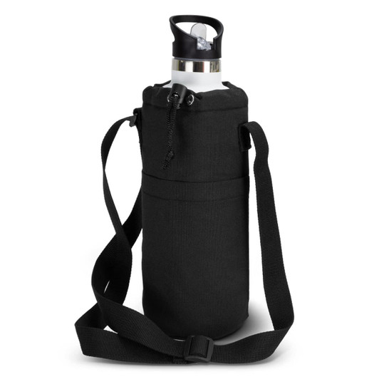 A drink bottle in a black sling bag with an adjustable strap, designed for carrying beverages easily.