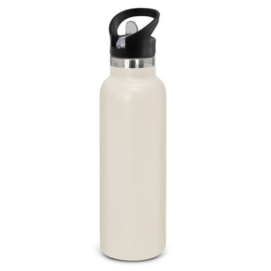 A drink bottle featuring a sleek, powder-coated design in a light color, with a stainless steel rim and a black lid.