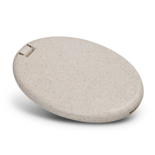 A compact sewing kit in a light beige case, oval-shaped with a smooth finish and a small clasp.