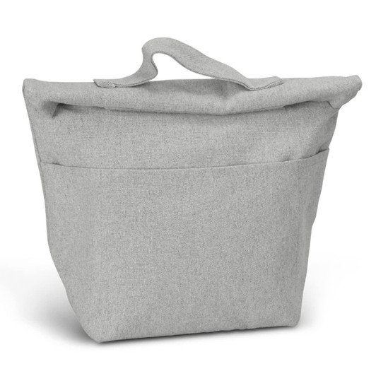 A grey cooler bag with a foldover top and a single exterior pocket, featuring a sturdy handle.