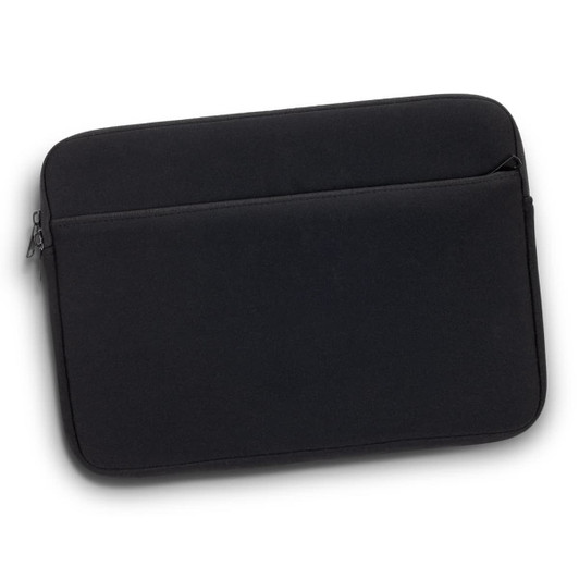 A black laptop sleeve with a zip closure and an additional front pocket, including a logo.