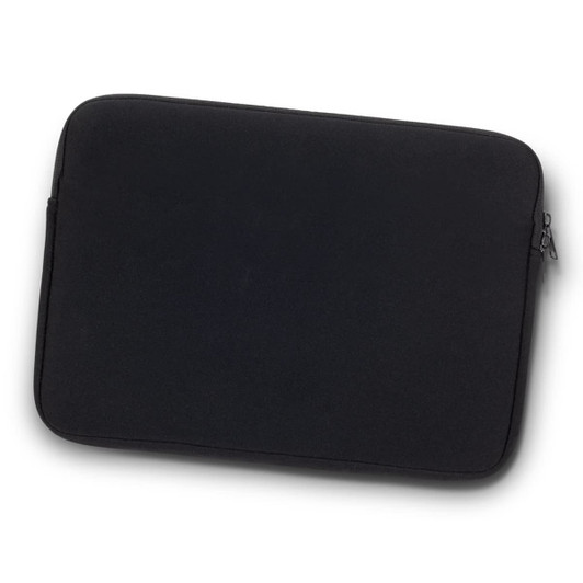 A black laptop sleeve with a zip closure and a simple, sleek design. Features a logo on the front.