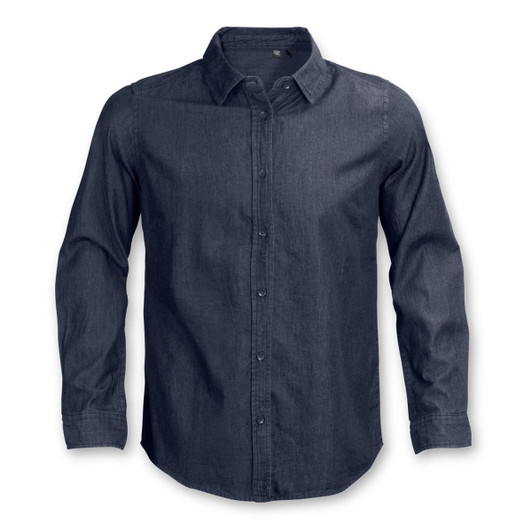 A men's denim button-up shirt in a dark blue shade with long sleeves and a classic collar.