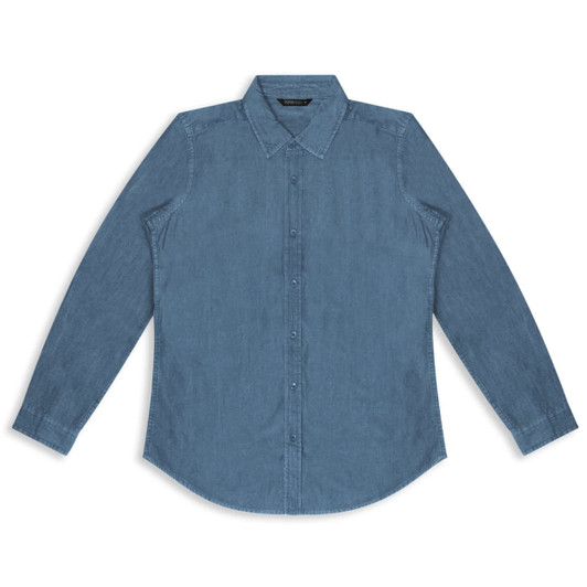 A blue denim button-up shirt with long sleeves and a collared neckline, featuring a logo.