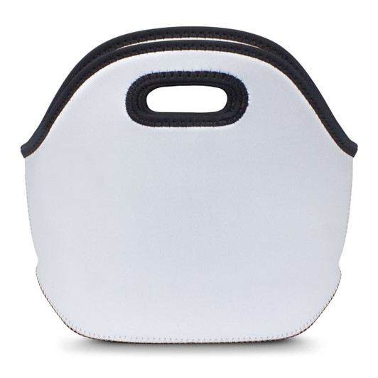 A white lunch bag with black stitching and two handles, featuring a simple design. It has a logo on one side.