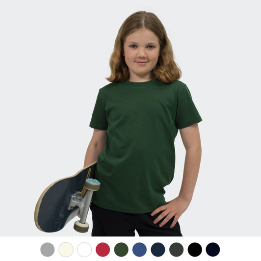 A youth T-shirt in green worn by a child holding a skateboard, featuring various colour options below.