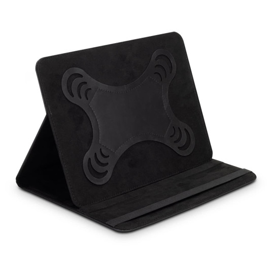 A black tablet case with a textured front and a foldable stand feature. It includes a logo detail.