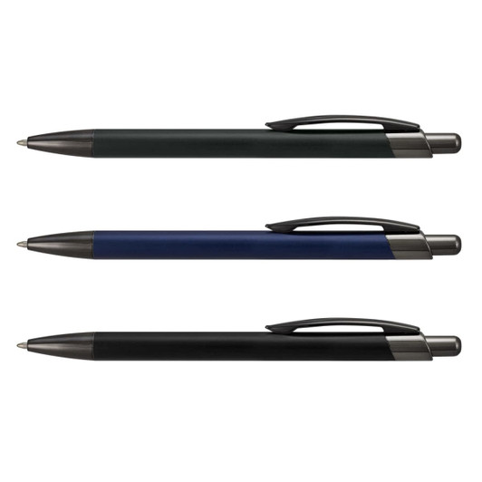 Three metal pens in green, blue, and black, each with a sleek design and a clip for convenience.