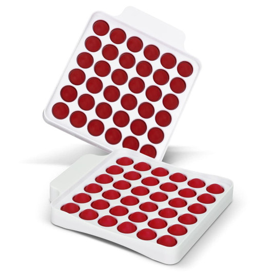 A square fidget popper board featuring a white base with red popping bubbles arranged in a grid pattern.