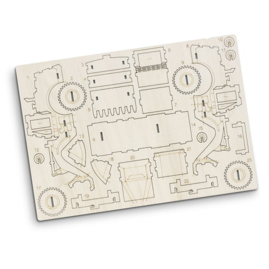 A wooden model kit featuring laser-cut pieces to assemble a wheel loader. The design includes various mechanical components.