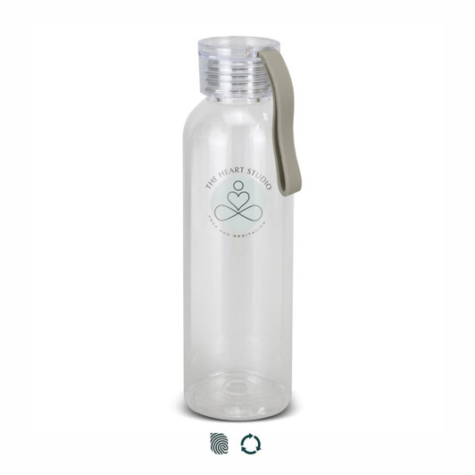 A drink bottle in clear plastic with a grey handle and a logo printed on the front.