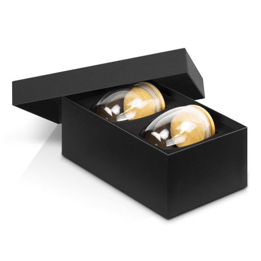 A drinkware set featuring two 250ml glass mugs with wooden bases, presented in a black gift box.