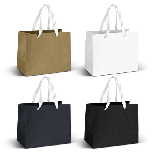 Medium ribbon handle paper bags in gold, white, and two shades of black. Each features elegant ribbon handles.
