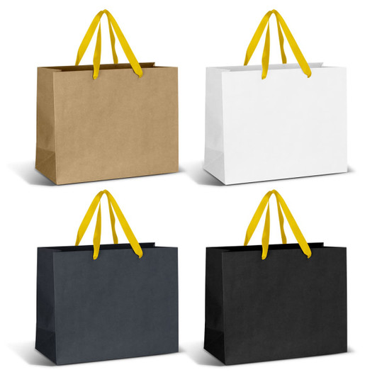 Large ribbon handle paper bags in brown, white, black, and dark grey. Each bag has yellow handles and a simple design.